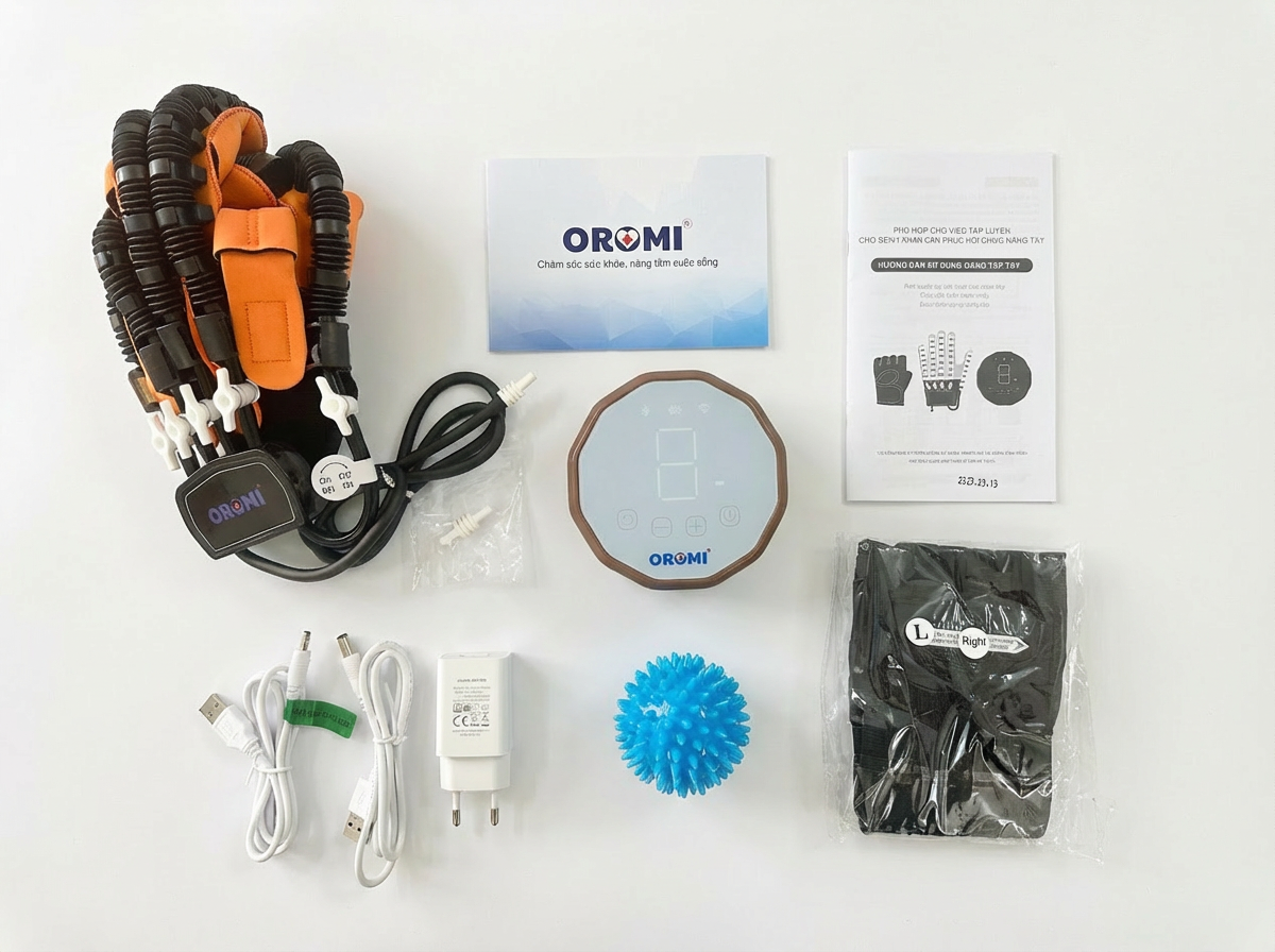 trọn bộ sản phẩm găng tay phục hồi chức năng 1 tay